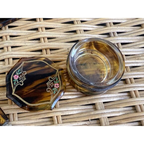 Antique 20's Faux Tortoise Carved Celluloid Painted Flowers Vanity set - Picture 5 of 15